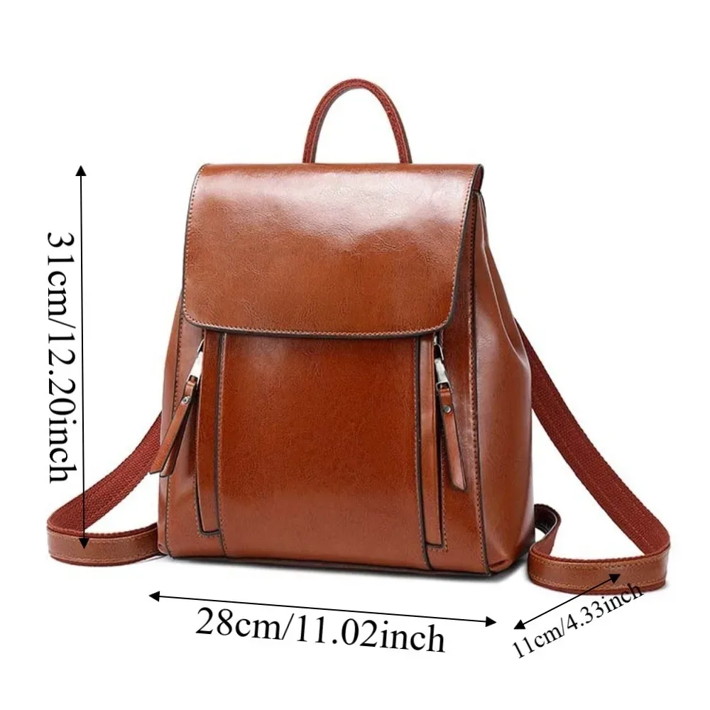 sac à dos rétro en cuir pour femmes, imperméable, grande capacité, en cuir ciré, couleur unie, avec boucle magnétique antivol, sac de voyage