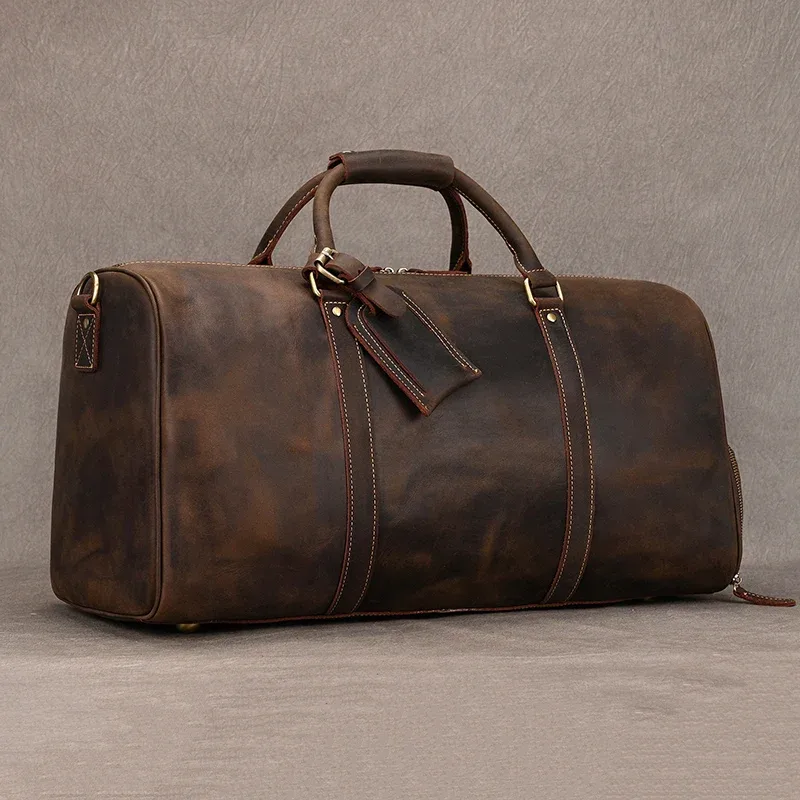Sac de voyage pour hommes, grande capacité, polochon de voyage en cuir véritable avec poche à chaussures, grand sac à bandoulière étanche pour hommes