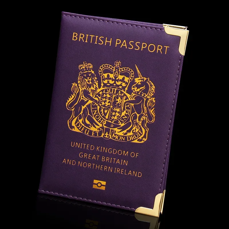 accessoires de voyage porte-passeport britannique avec pieds en cuivre, couverture de passeport en pu, portefeuilles d'angle en métal fin, porte-carte d'identité