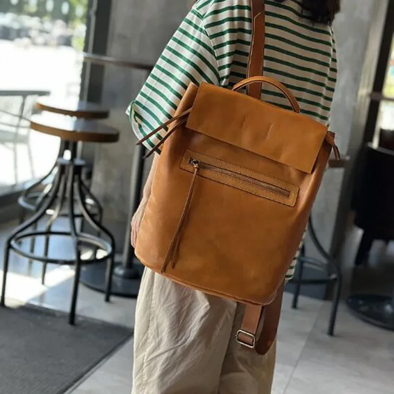 sac à dos femme en cuir grande capacité, nouveau style japonais vintage, en cuir de vachette tanné végétal, style académie