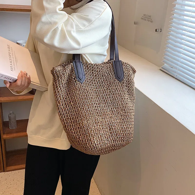 sacs de plage d'été pour femmes, sacs à bandoulière tissés en rotin faits à la main, sac en paille de grande capacité, sac à main bohème décontracté de voyage, fourre-tout