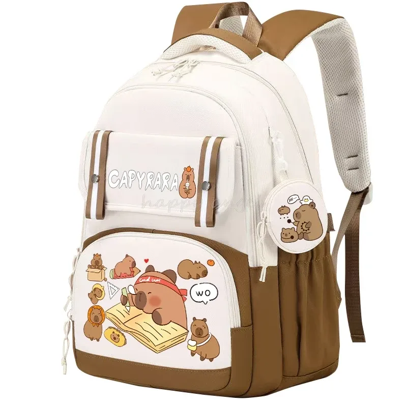 sac dos toile capybara dessin animé tissu doux fond blanc accents roses bleus poche rabat décoration dentelle jacquard ultra léger usage école collège adolescents