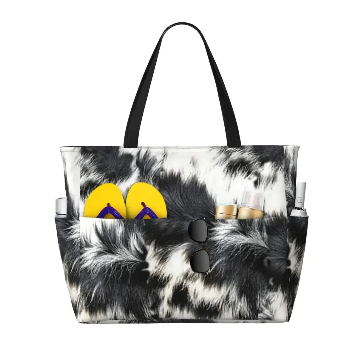 sac de plage élégant en fourrure de vache, texture cuir de vache, motif imprimé peau de vache, sac de yoga, grand sac fourre-tout, sac de voyage pour femme, sac de fitness