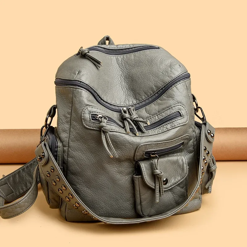 sac dos cuir matière similaire noir bleu gris marron poches multiples rivets dorés décontracté imperméable voyage école collège