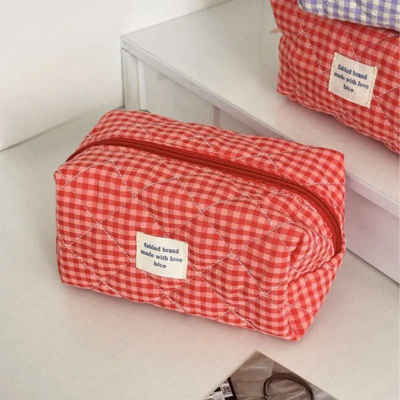 trousse de maquillage mignonne pour femmes, sac cosmétique portable de voyage, petite trousse de toilette à fermeture éclair à motif écossais, pochette de lavage, sacs de rangement
