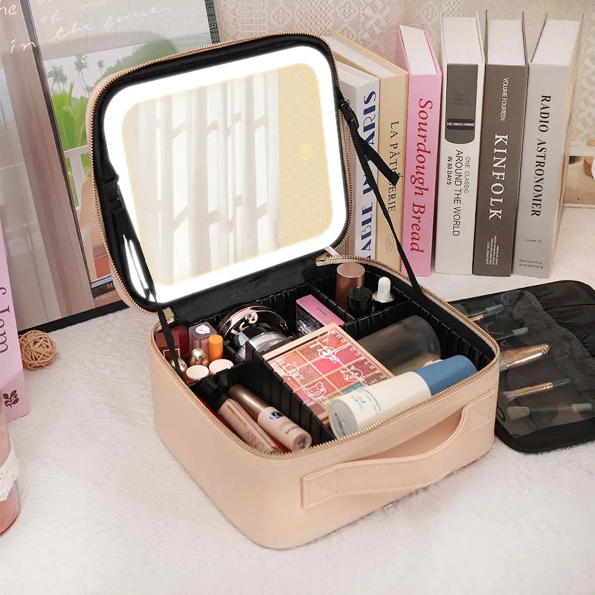 trousse toilette maquillage boîte miroir led rose compartiments noirs voyage grande capacité casual vintage