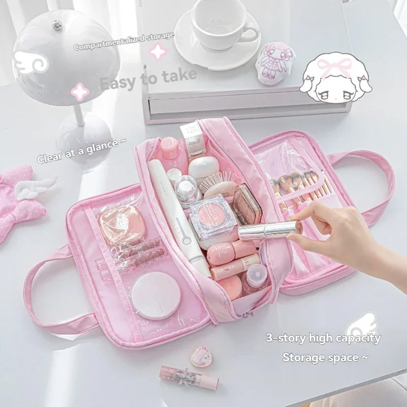 trousse cosmétiques pvc beige noire rose bleue compartiments poches zippées sacoche maquillage grande capacité voyage