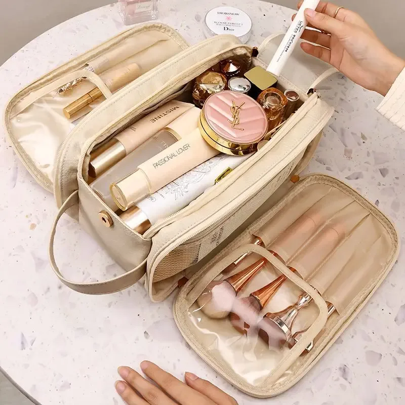 trousse de maquillage multifonctionnelle pour femme, cuir pu, grande capacité, portable, double fermeture éclair, voyage, brosse à maquillage, rangement d'articles de toilette