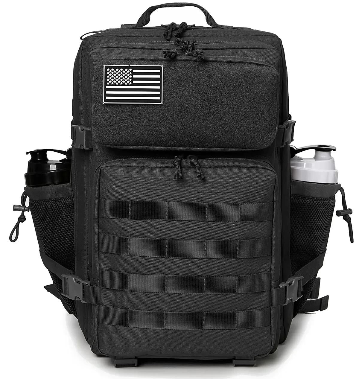 sac dos polyester noir motif bandes verticales poches ouvertes poche intérieure zippée bandoulière arquée escalade camping randonnée