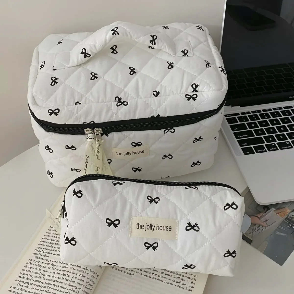 mode cerise fourre-tout femmes sac de maquillage portable mignon dames cosmétique toilette pochette de rangement sac à main coton matelassé sac à fermeture éclair