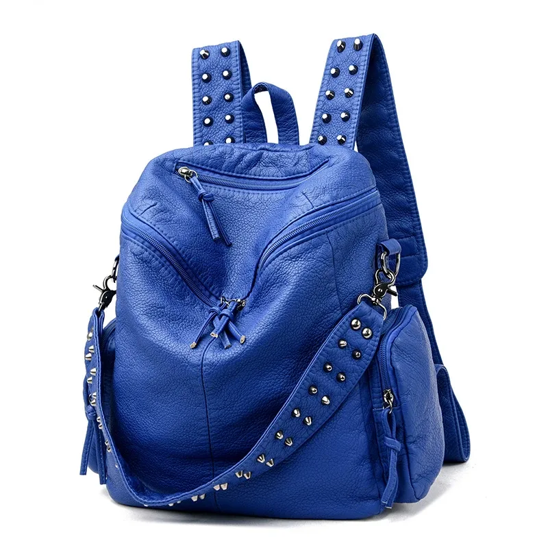 sac dos cuir souple polyester bleu noir gris marron poche ouverte fermeture éclair bandoulière arquée usage voyage femme décontracté