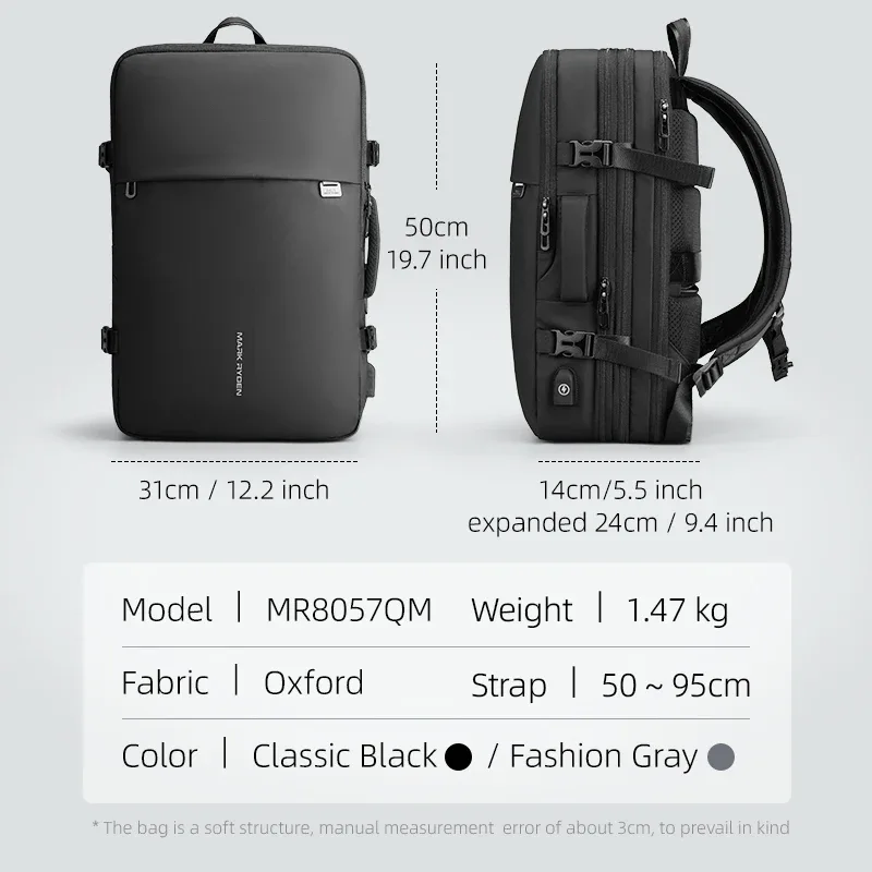sac à dos de voyage d'affaires mark ryden, sac à dos pour ordinateur portable imperméable avec compression automatique par aspiration, sac de rangement