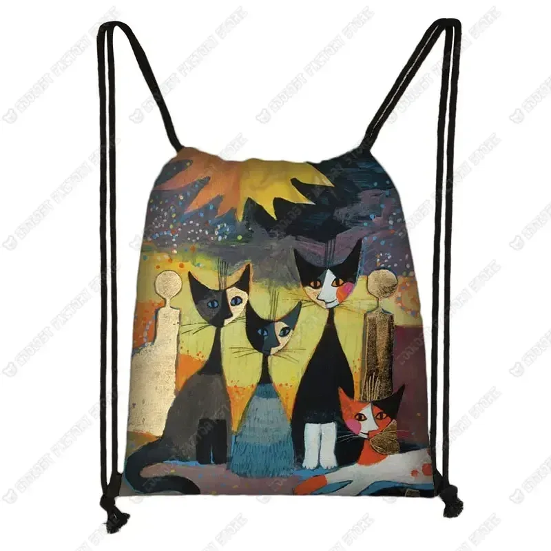 sac à dos de voyage en toile avec motif de chat pour femme, sac de rangement, sac de proximité, joli, mignon, chat de dessin animé, image imprimée, mode