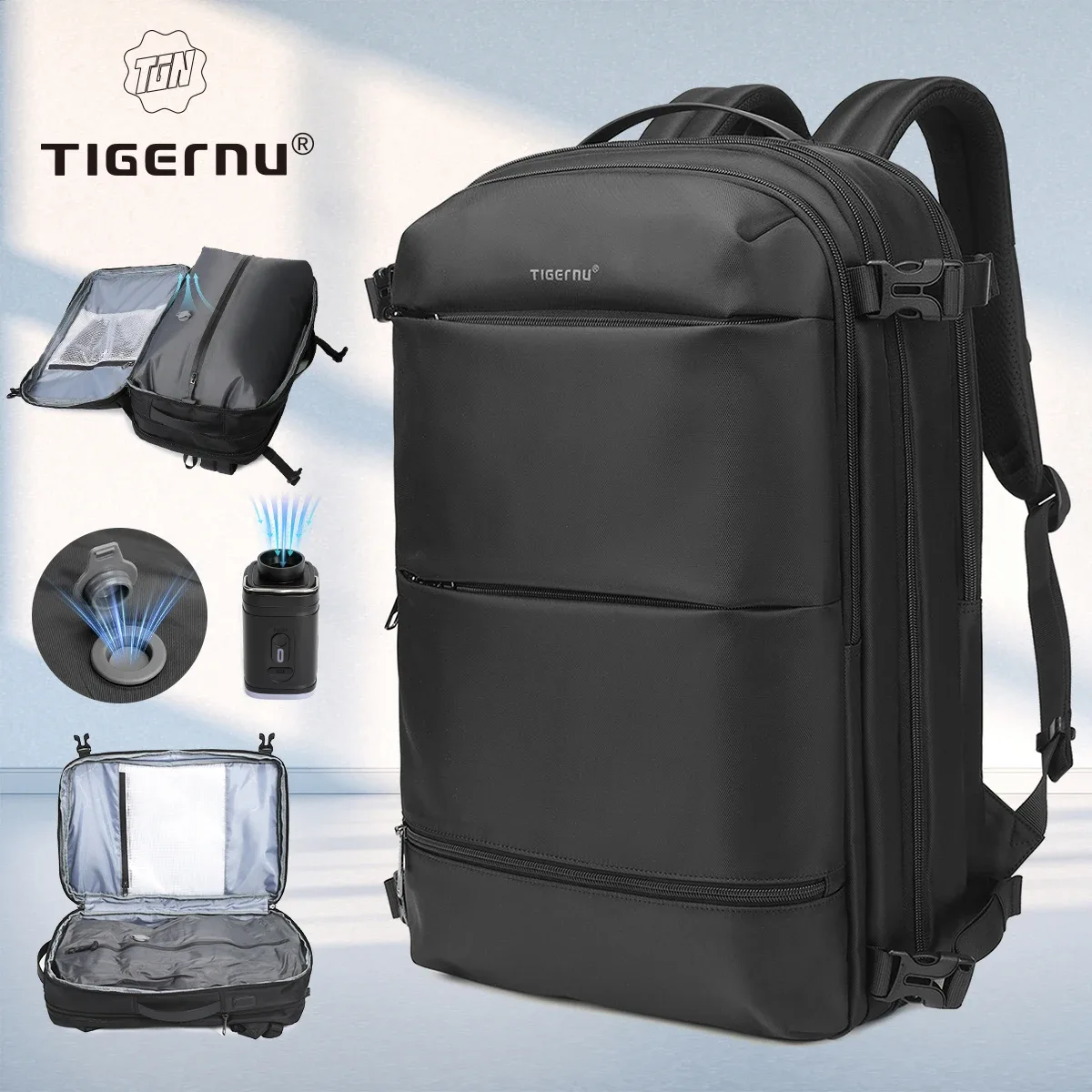 sac à dos de compression sous vide tigernu pour hommes, sac à dos de voyage extensible avec port usb, grande capacité, sac pour ordinateur portable 17 pouces, sacs de cabine pour l'école