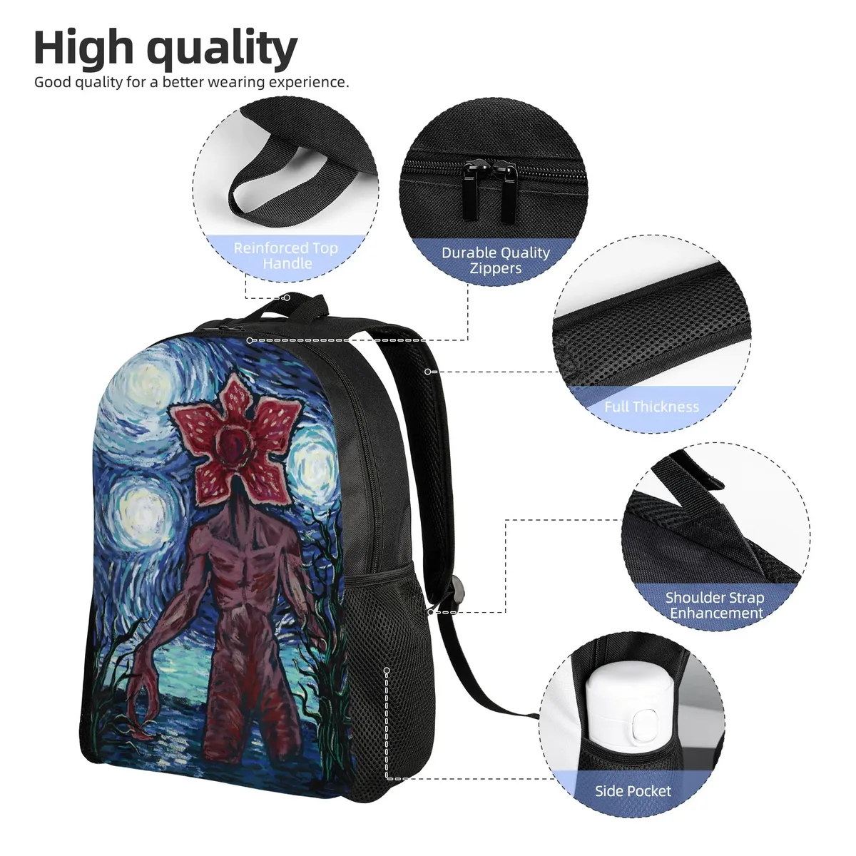 sac à dos demogorgon starry night style strangering, sacs à dos de randonnée pour femmes et hommes, sacs d'école esthétiques, sac à dos léger au design original