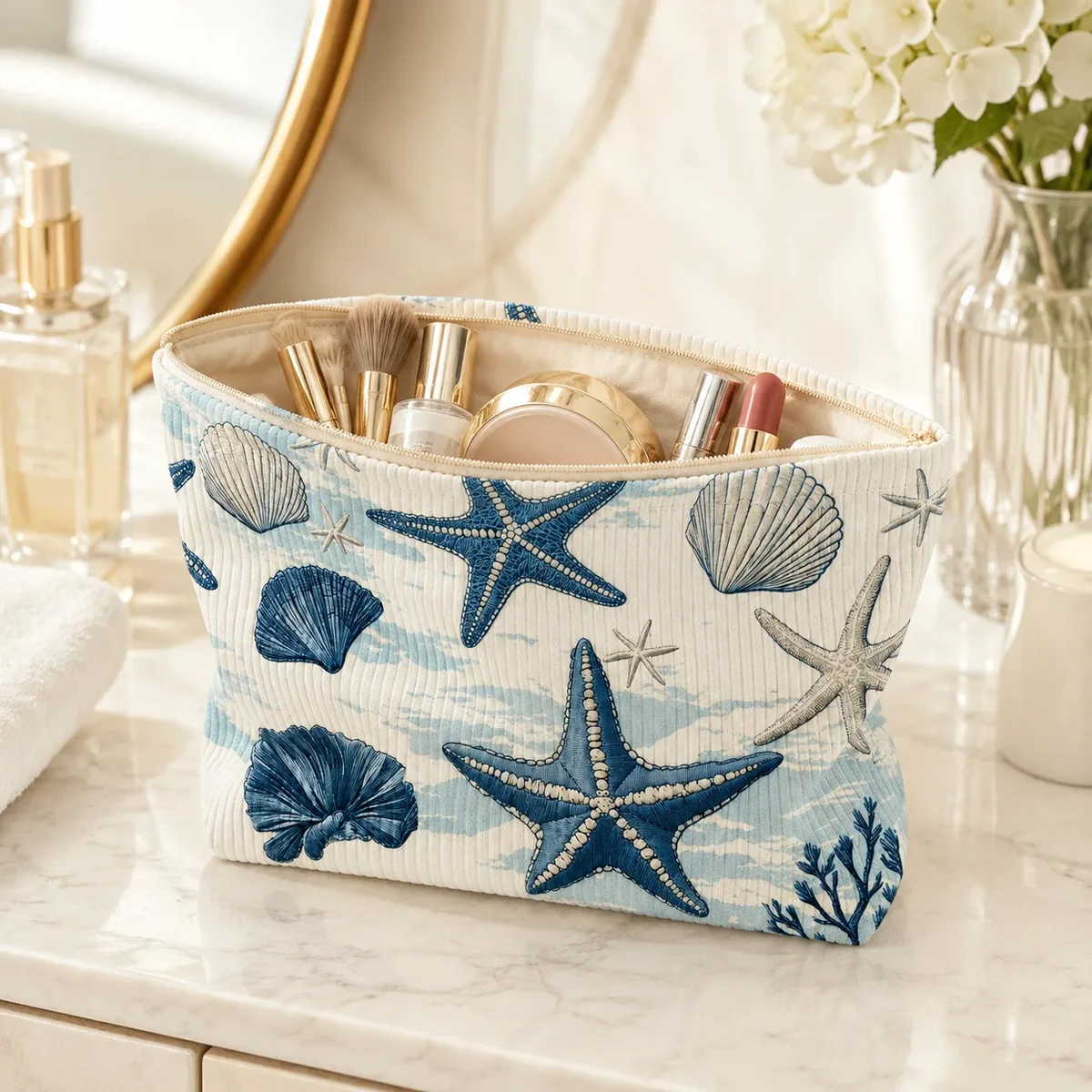trousse de maquillage en velours côtelé motif étoile de mer et coquillage, grande pochette de voyage zippée pour femmes, idéale pour les vacances à la plage
