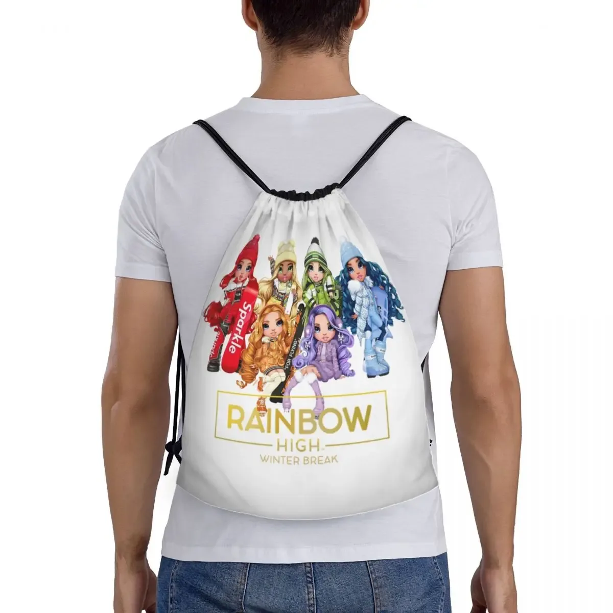 sac à dos personnalisé arc-en-ciel avec cordon de serrage pour pause d'hiver, sac de sport pour femmes et hommes, sac d'entraînement de dessin animé tv