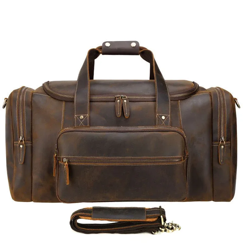 vintage pleine fleur crazy horse en cuir véritable hommes sac de voyage bagages sac de sport sac de week-end porter sur extra large fourre-tout sac à main