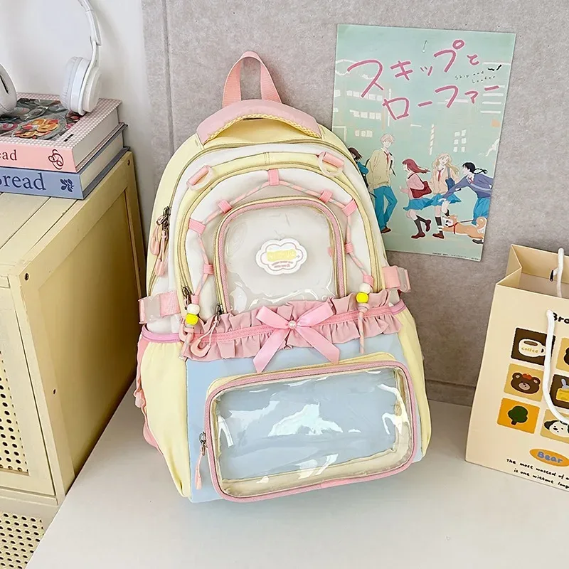 sac à dos coréen à nœud papillon, grande capacité, esthétique soignée, couleur transparente contrastante, pour l'école
