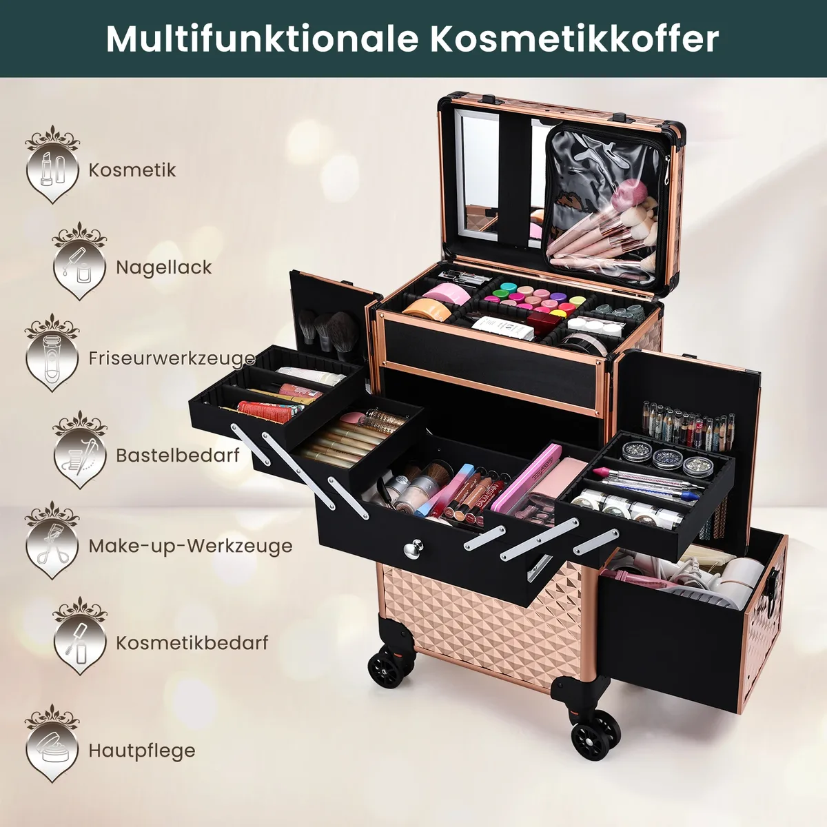 trolley de maquillage professionnel à roulettes avec grand tiroir profond et 4 plateaux, chariot de maquillage roulant, valise pour tatoueurs, barbiers et ongleries, station de maquillage, valise de cosmétologie à roulettes, table de manucure roulante