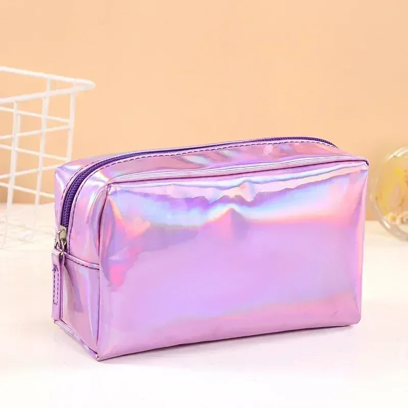 sac de maquillage laser de couleur unie, sac de rangement de lavage de voyage portable, sac de rangement de cosmétiques de toilette de grande capacité à la mode
