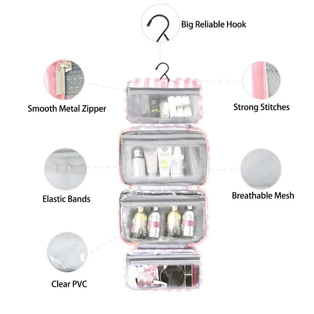 trousse de toilette de voyage suspendue portable 4-en-1 avec crochet, grande capacité, rayée, pour maquillage et cosmétiques
