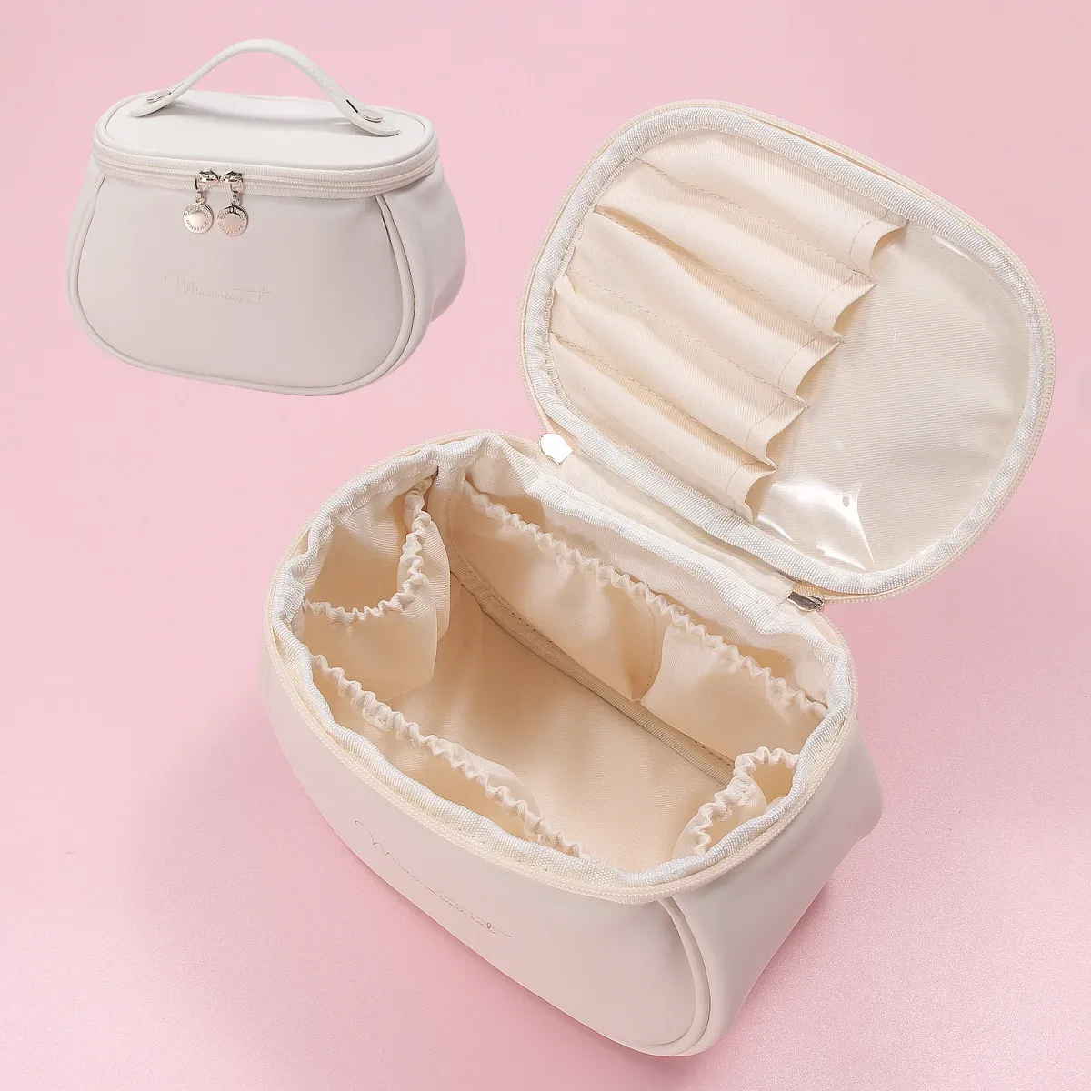 sac de maquillage portable en pu, grande pochette cosmétique imperméable, avec poignées, sac de rangement multifonctionnel pour articles de toilette de voyage