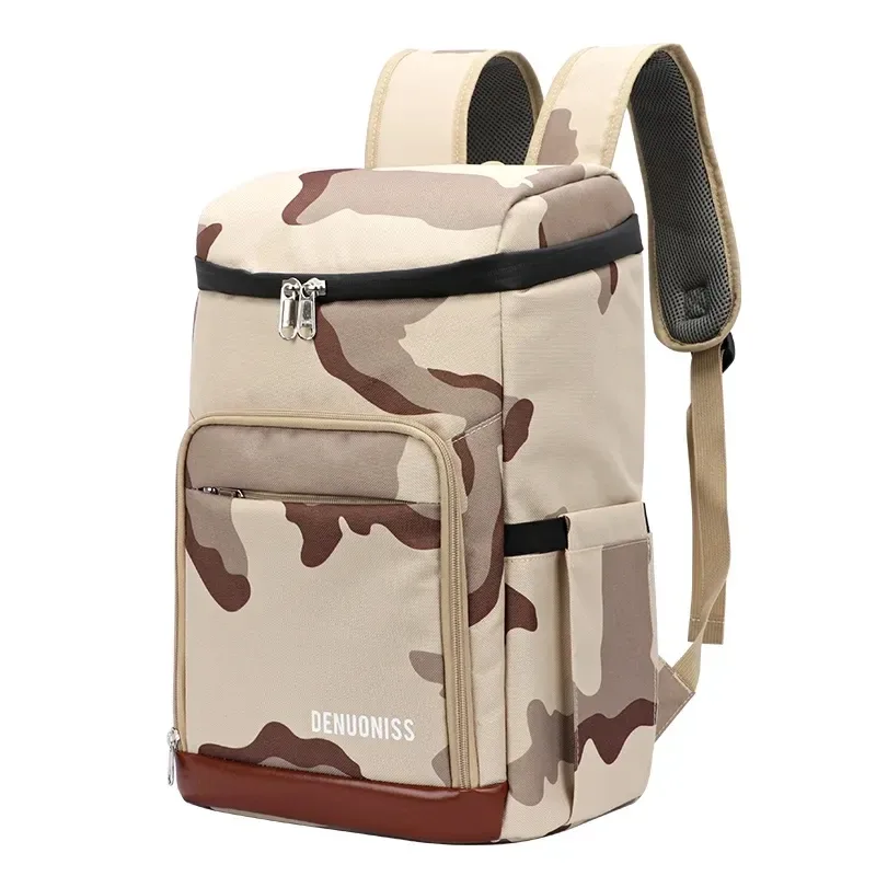 sac dos nylon bleu foncé motif camouflage thermique usage nourriture tissu résistant poche latérale zip fermeture éclair noire