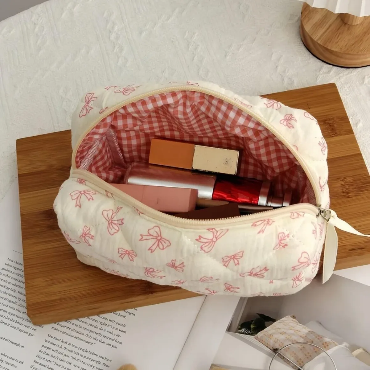 trousse de maquillage en coton avec nœud floral, sac de rangement, imprimé de fleurs, poudres cosmétiques, grande trousse cosmétique de voyage