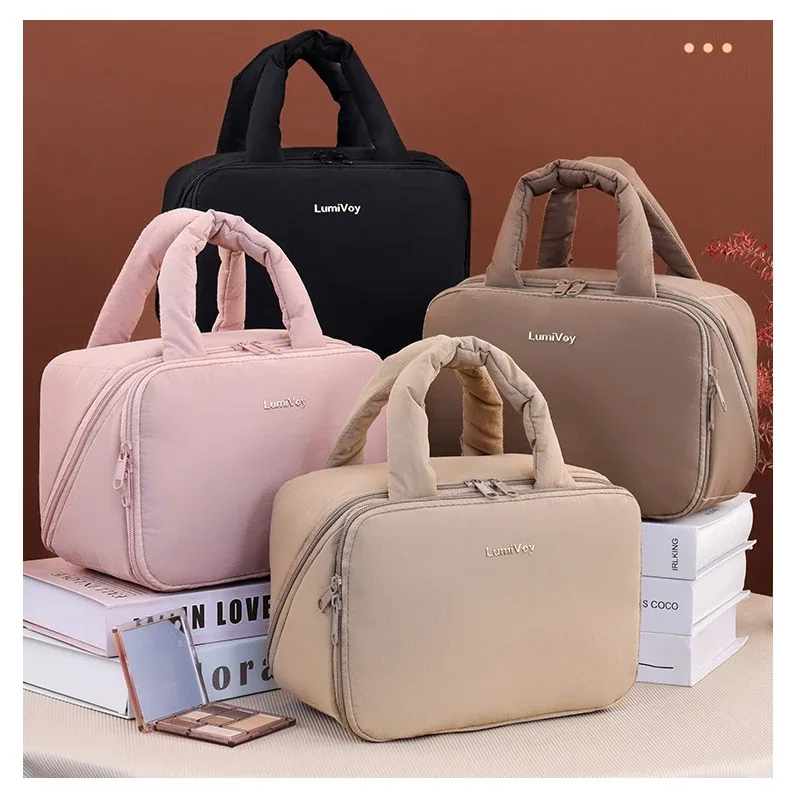 trousse de toilette avec séparateur et poignée, grande capacité, organisateur de maquillage à ouverture large, fermeture éclair, nouveau design, sac cosmétique de voyage mignon