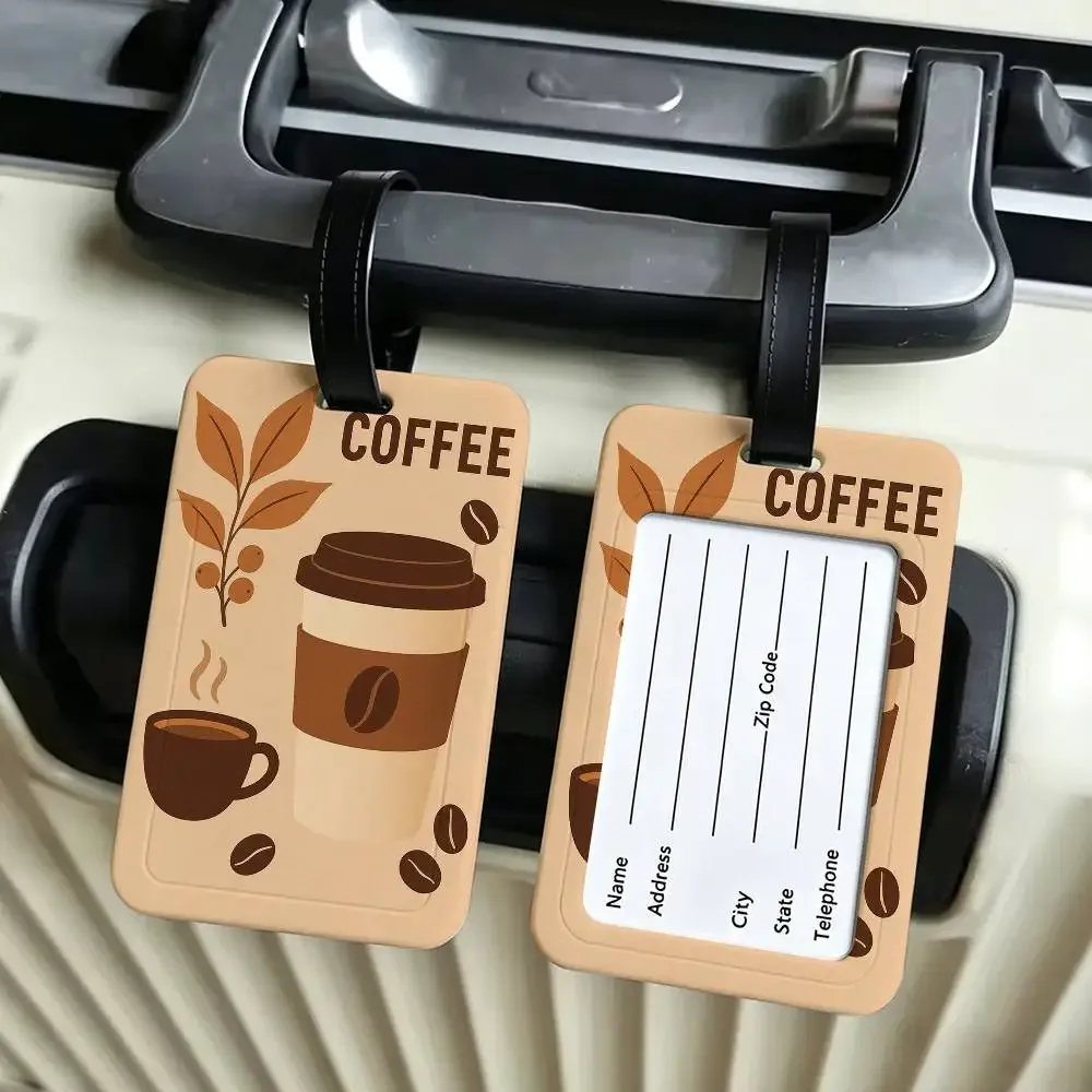 étiquette bagage plastique pvc beige vert rouge grains café tasses machine voyage ecole usage journalier