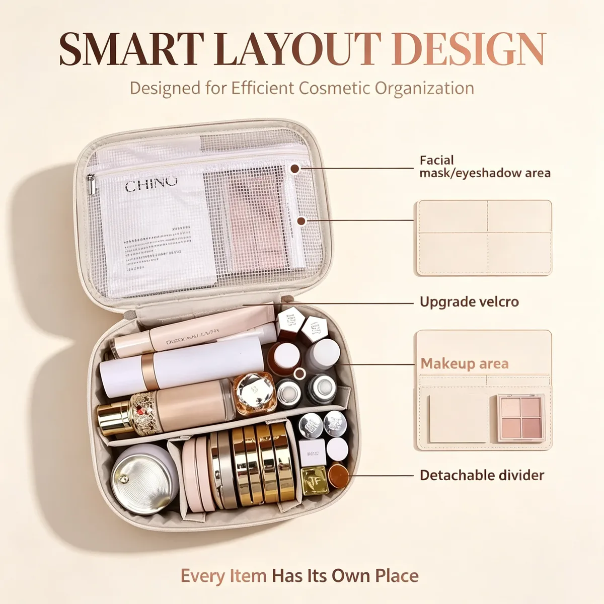 trousse de maquillage portable et étanche avec porte-pinceaux amovible, grande capacité, étui de rangement cosmétique de voyage avec séparateurs ajustables