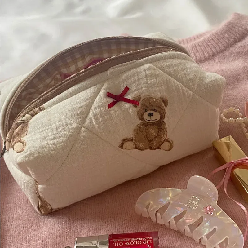 trousse à cosmétiques pour femmes, trousse de maquillage kawaii teddy bear, trousse de rangement pour maquillage, trousse à maquillage imprimée de dessins animés, trousse de maquillage tendance pour femme