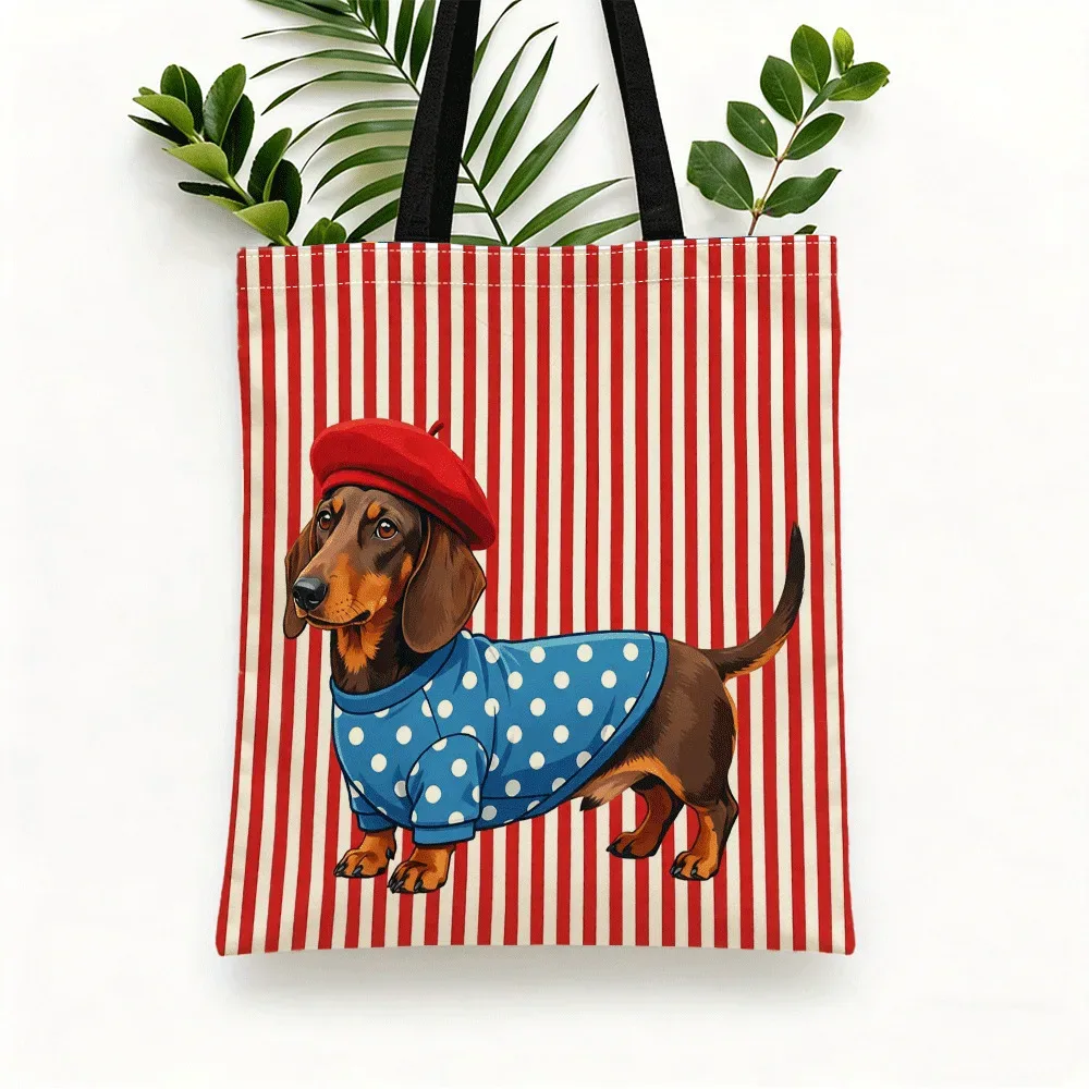 sac fourre-tout à imprimé numérique rayé rouge et blanc avec motif chien tacheté à poils roux et chapeau, sac de plage pour femme, sac de shopping décontracté et durable