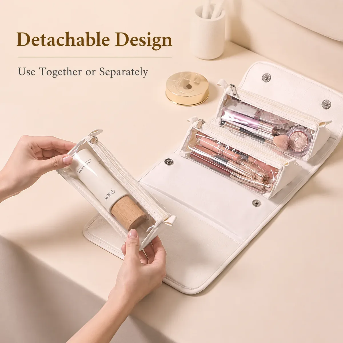 trousse de maquillage de voyage pour femmes en déplacement professionnel, 4 pochettes transparentes détachables, organiseur de cosmétiques et de toilette pliable à suspendre