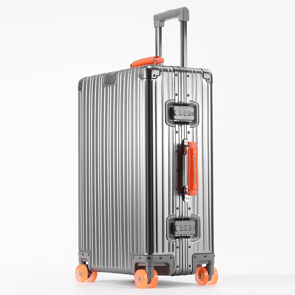 nouvelle valise tout en alliage d'aluminium-magnésium avec roue rotative serrure tsa poignée en cuir 20/24/29 ''étui de voyage sac bagage roulant