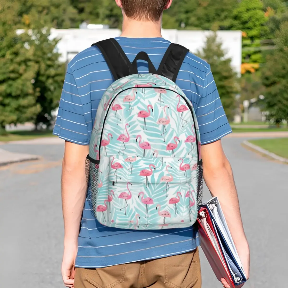 sac à dos à motif sans couture pour femmes et hommes, sac à livres pour étudiants, convient aux sacs pour ordinateur portable 15 pouces, plantes tropicales, flamant rose, oiseau
