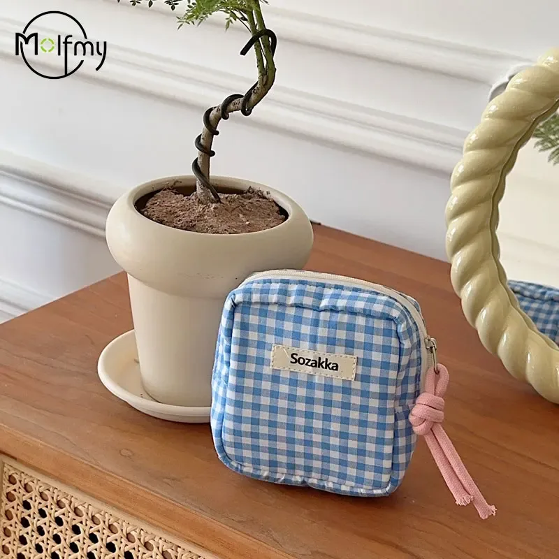 mini sac à cosmétiques à carreaux pour maquillage, couleur bonbon, sacs de rangement pour serviettes hygiéniques, portefeuille en tissu de coton, pochette, nouveau 2025