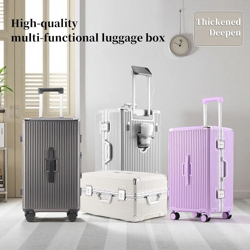 valise bagage roulante aluminium blanc violet grand capacité compartiment divisé roues bandes orange voyage étudiant