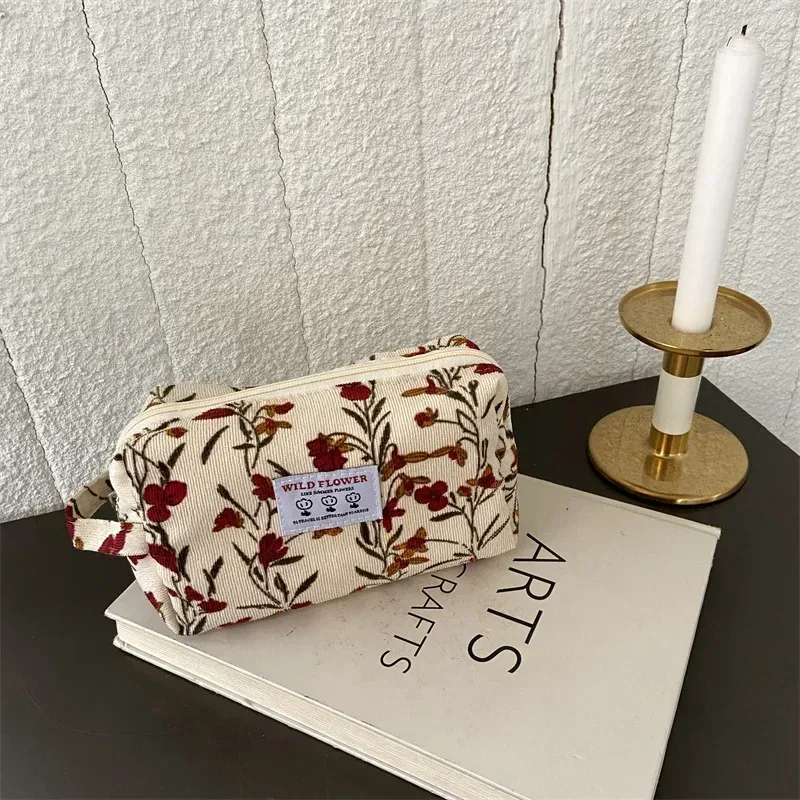 sacs de maquillage en velours côtelé pour femmes, sac à cosmétiques imprimé floral, trousse à crayons, trousse de toilette de voyage, sac de rangement, organisateur, trousse de beauté