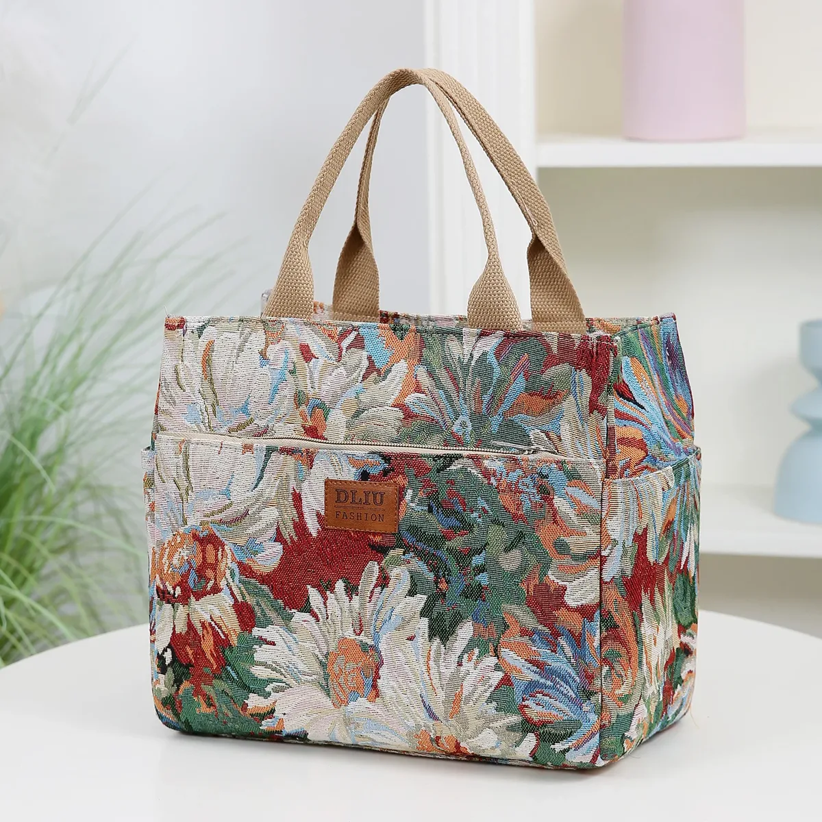 nouveau sac à main en tissu épais de grande capacité, sac fourre-tout, sac de shopping, sac polyvalent, sac à lunch, sac bento, motif floral