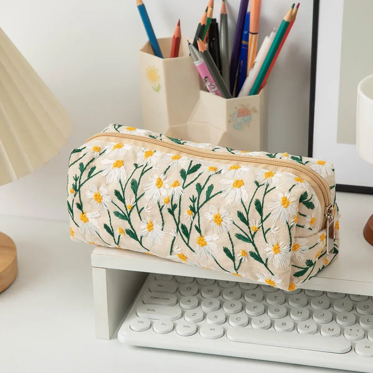 sac à cosmétiques brodé de fleurs, organisateur de maquillage en toile à fermeture éclair, pochette de rangement de voyage, trousse de beauté pour femmes
