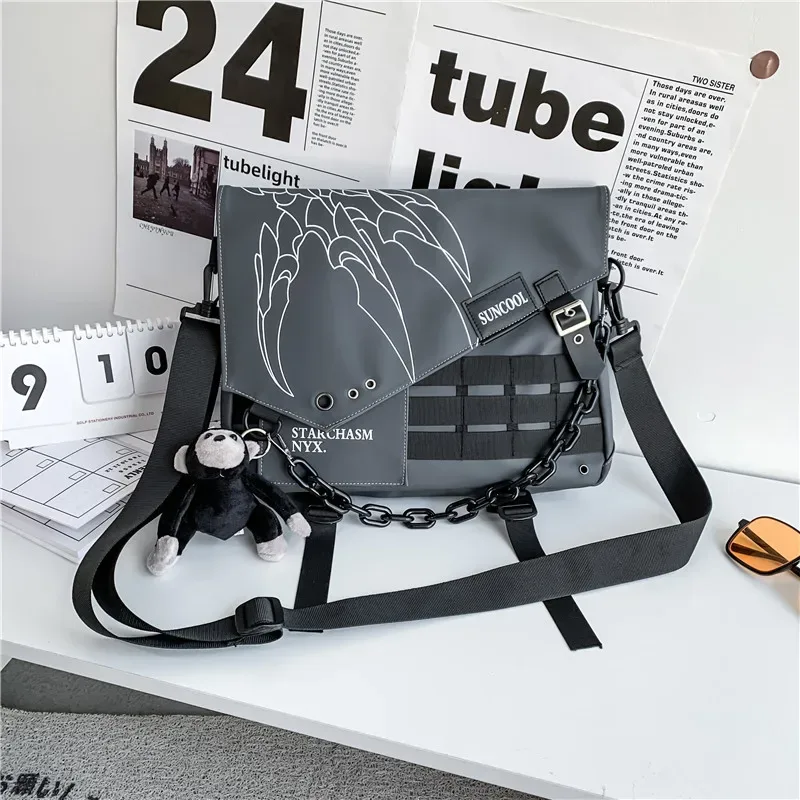 sac à bandoulière hip hop punk techwear pour hommes et femmes, sac d'école étanche multifonction, sac de messager pour ordinateur portable de voyage à démarrage unique