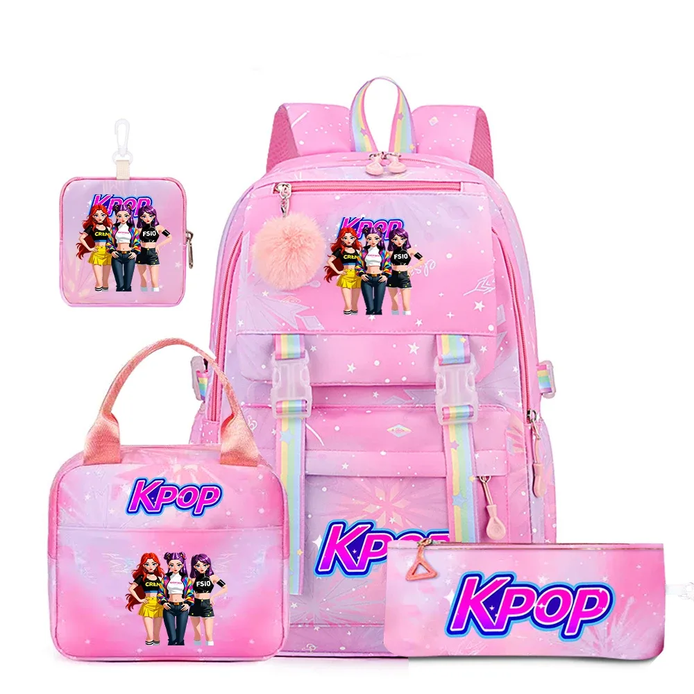 sac dos polyester rose motifs personnages kpop étoiles bandes arc ciel pochette stylos trousse maquillage sac main ensemble scolaire