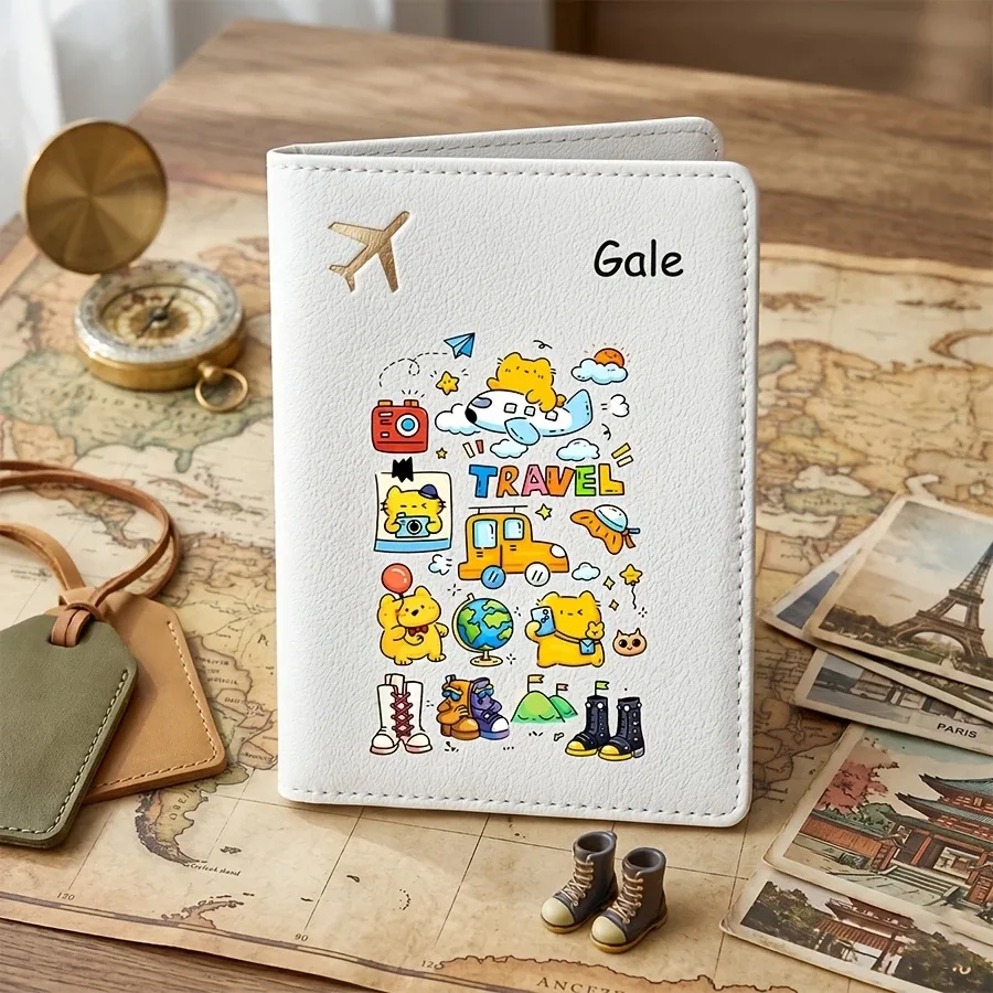 porte-passeport personnalisé avec nom et texte, étui de passeport mignon à motif de dessin animé, couverture de passeport et organiseur de documents, porte-billets de voyage
