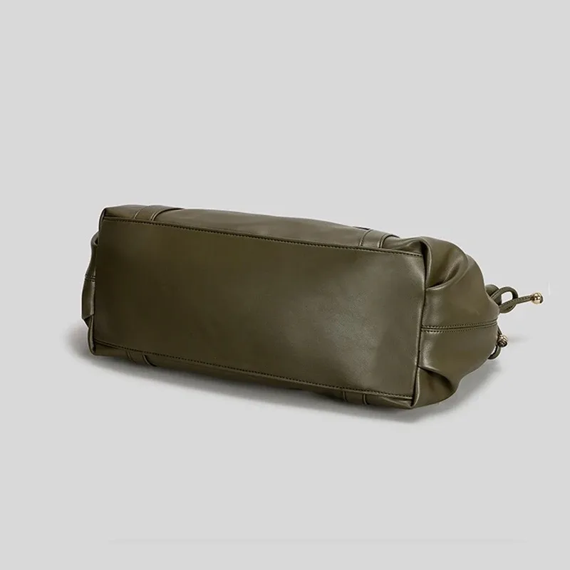 sac fourre-tout vintage en cuir souple plissé avec cordon de serrage, grand sac à bandoulière simple pour femme, sac de travail boston