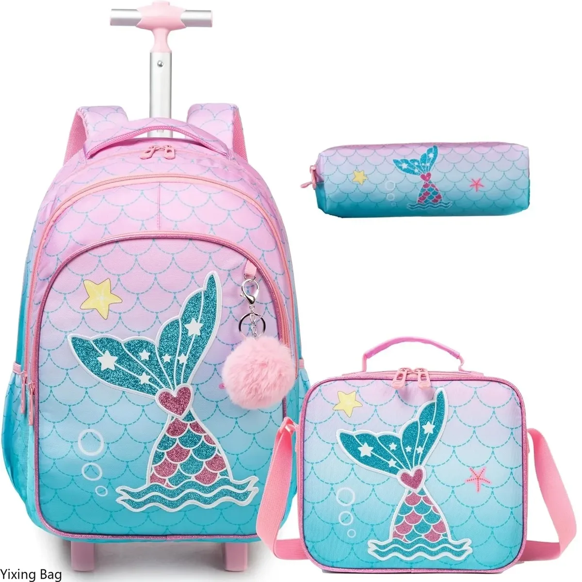 sac dos polyester toile dessin animé bleu pastel coeurs dorés love scolaire transport voyage filles