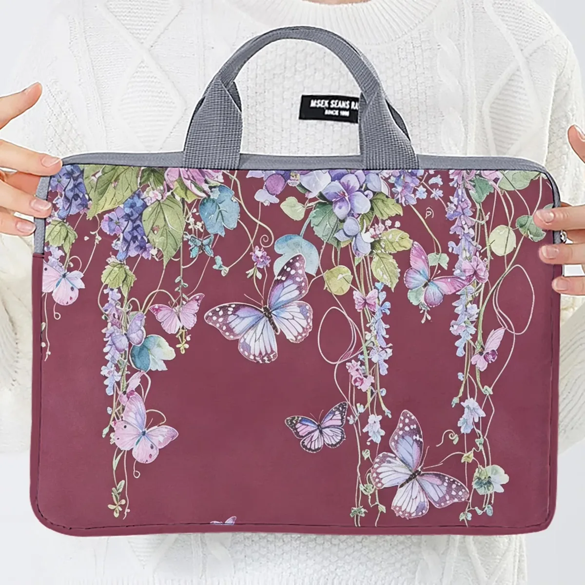 un ensemble, deux styles, sacoche pour ordinateur portable imprimée avec motif glycine et papillon, adaptée aux ordinateurs portables de 14 pouces