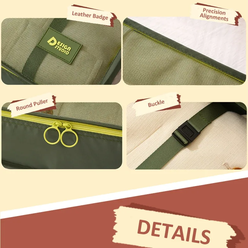 organisateur voyage polyester vert olive jaune accents motif bande poignée résistant tissu épais multifonctionnel sac compression chaussures housse vetements