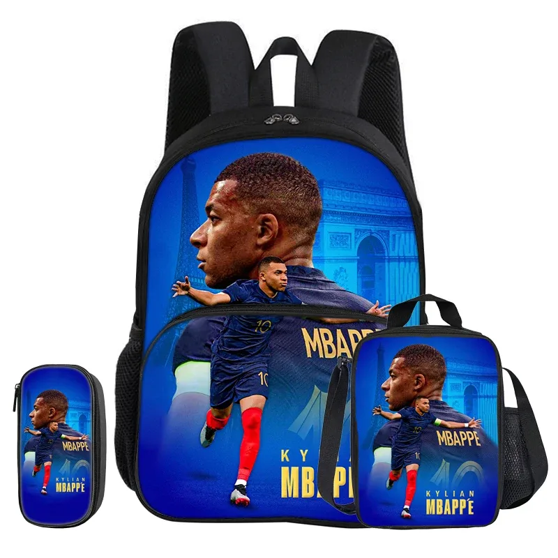 sac dos nylon noir motifs kylian mbappé dessins animés poche avant fermeture éclair bandoulière arquée capacité 20 35 litres petit sac assorti trousse crayons